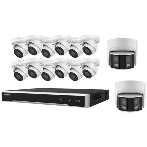 Hikvision EKI-K164T814A 16-Channel 12MP NVR with 4TB HDD, 12 8MP Turret Cameras & 2 8MP Dual-Lens Turret Cameras Panoramic Kit